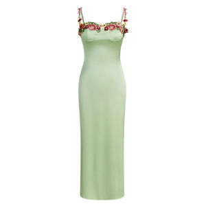 Commense Floral Satin Midi Dress Size M Green NWT Embroidered Fairy Garden